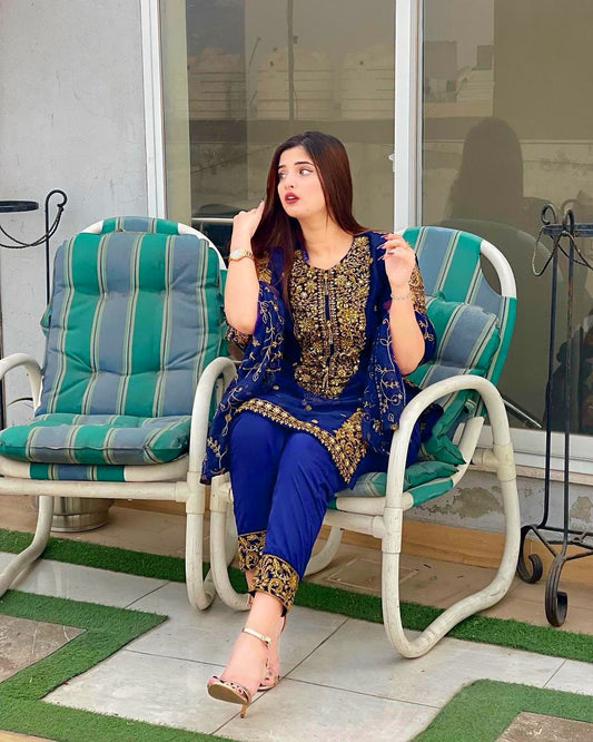 Eid Partywear Blue Kurta with Pent and dupatta Pakistani Designer heavy 3 piece Salwar Kameez for Weddings Readymade Dresses suit for eid