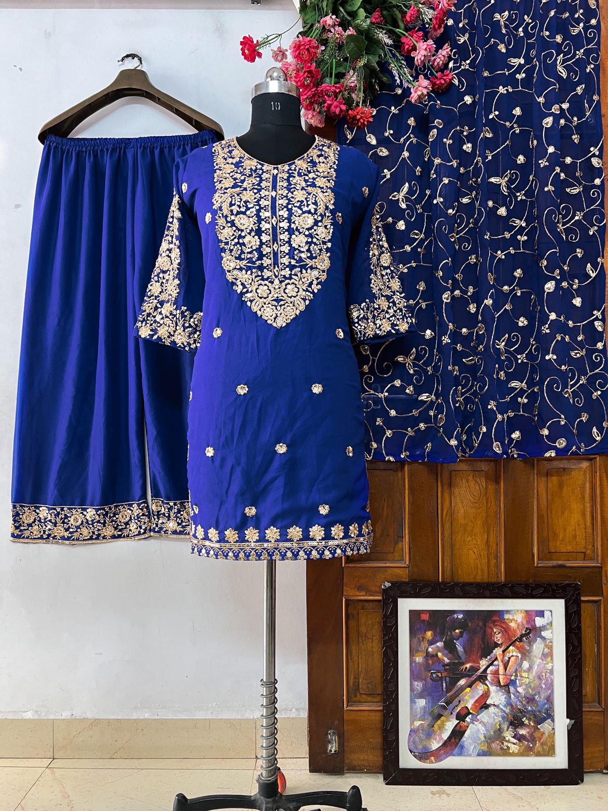 Eid Partywear Blue Kurta with Pent and dupatta Pakistani Designer heavy 3 piece Salwar Kameez for Weddings Readymade Dresses suit for eid