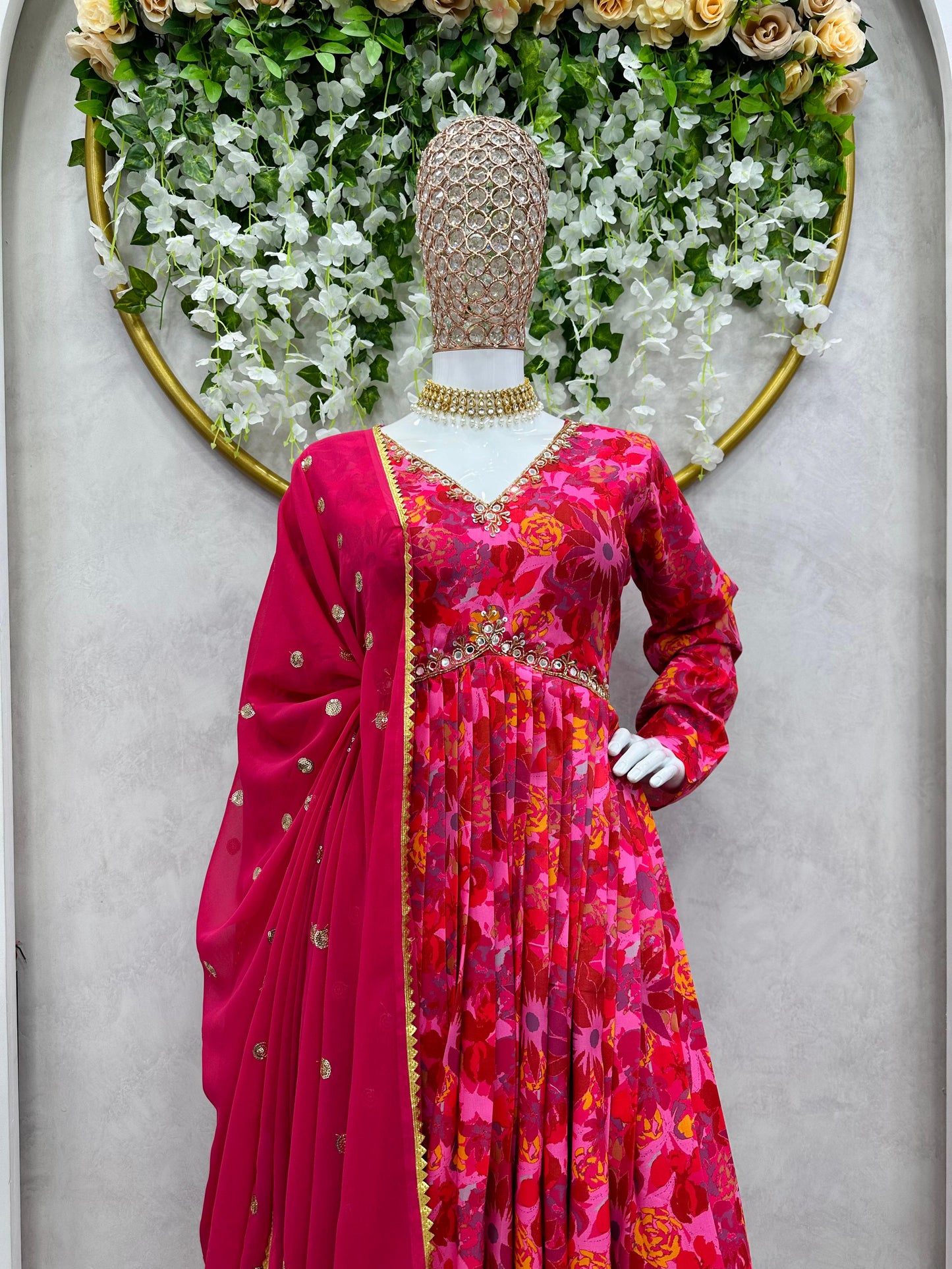 Alia Cut Kurti with Muslin Fabric & Floral Digital With Afghani Pants Paired With Dupatta