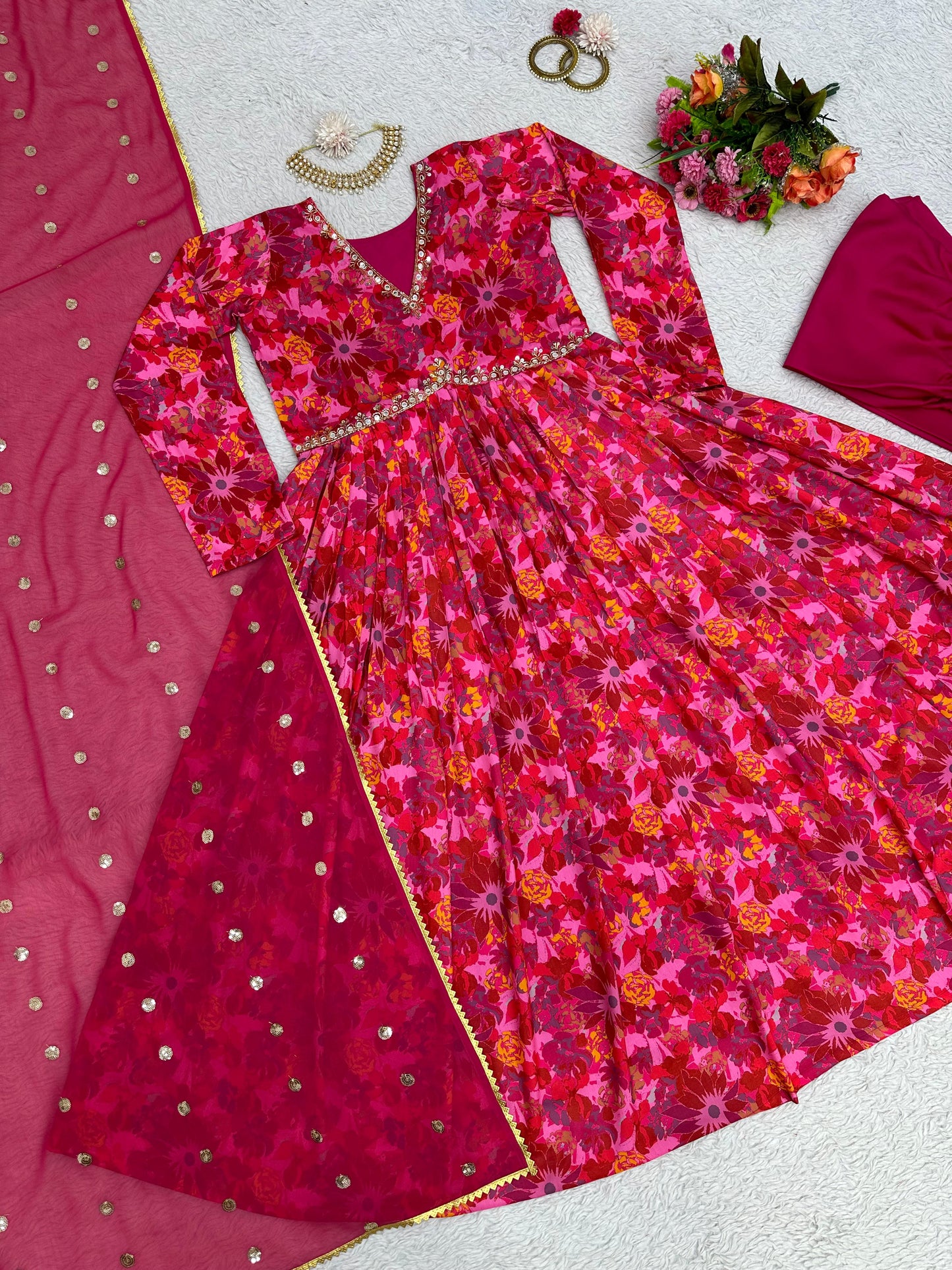 Alia Cut Kurti with Muslin Fabric & Floral Digital With Afghani Pants Paired With Dupatta