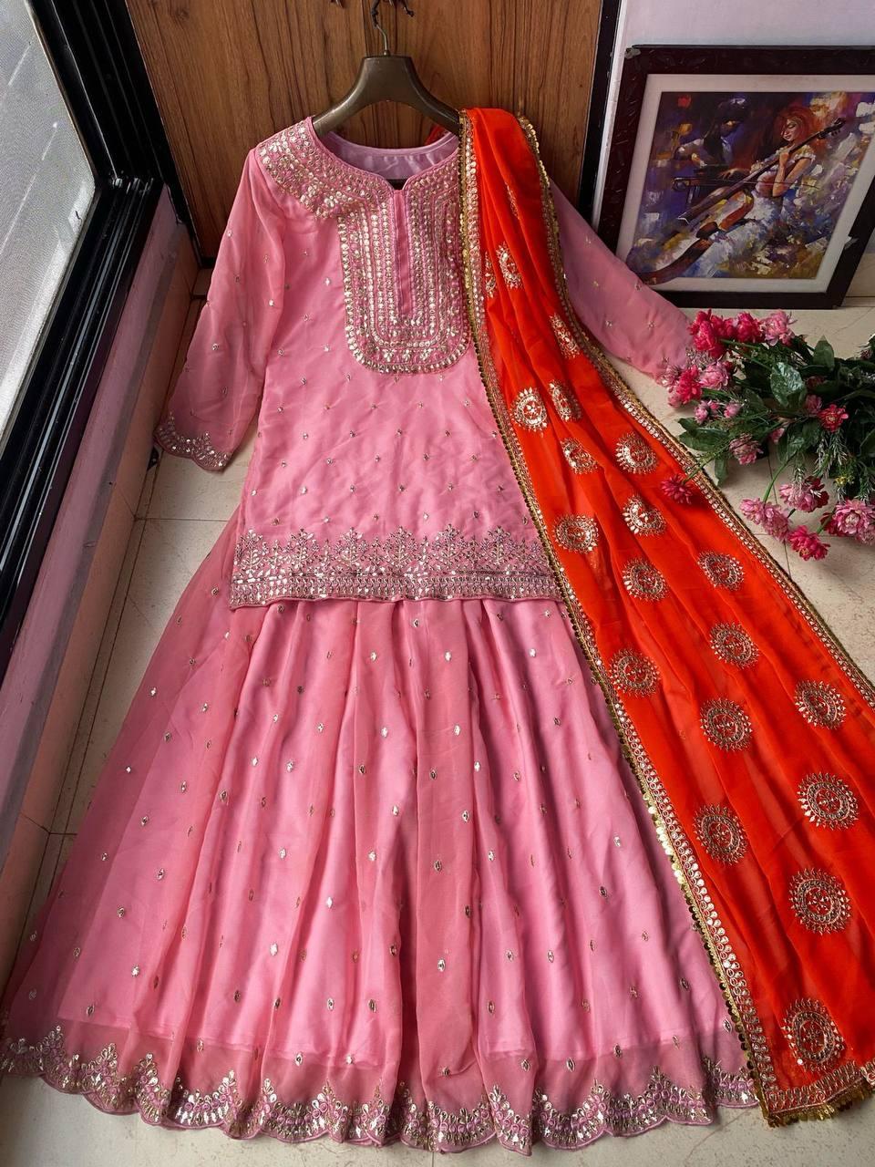 Designer pink georgette sharara with heavy top and dupatta with heavy work for party wear sharara suit heavy work suit dress for eid