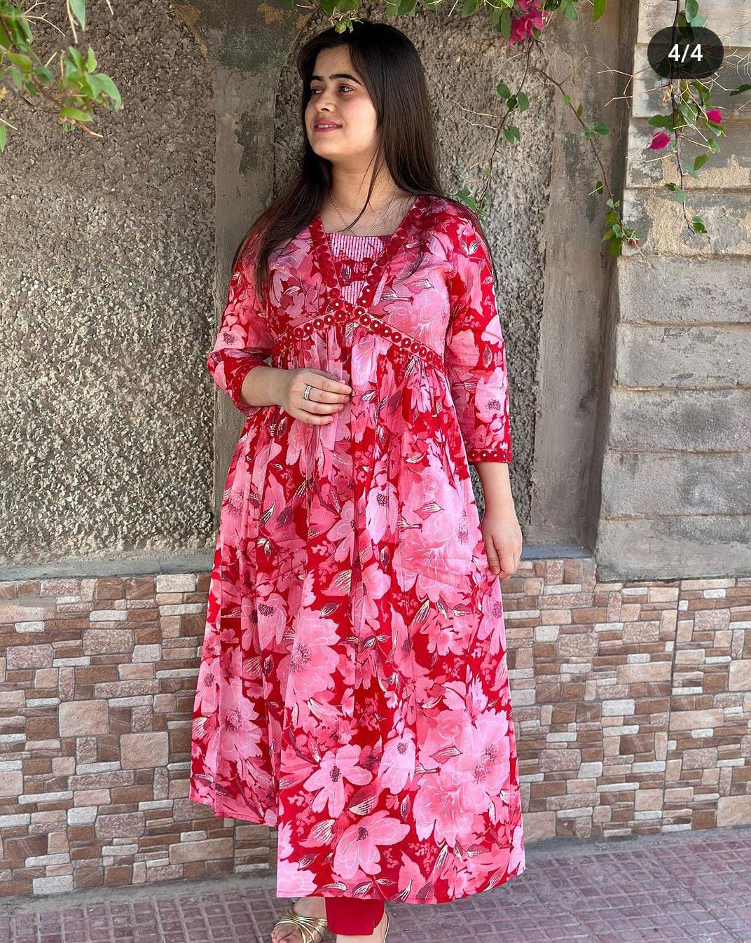 Alia Cut Kurti-Designer Kurti-Nayra cut style kurti_with  REYON Fabric & Floral Digital With Afghani Pants Paired With Dupatta