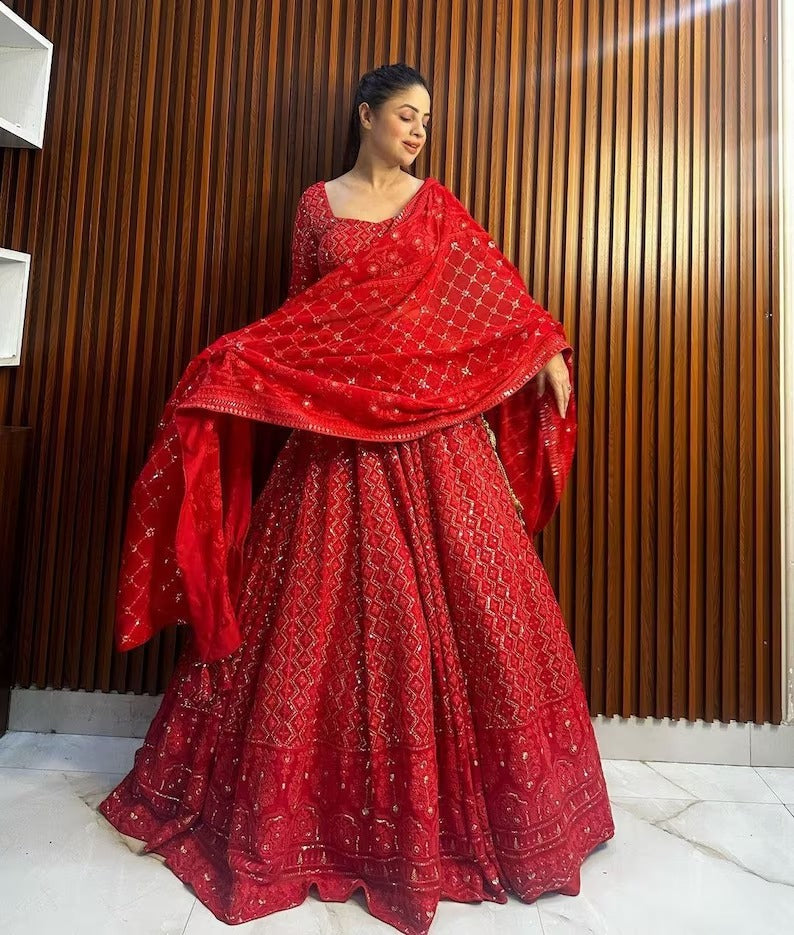 Bollywood inspired zigzaz style red embroidered lehenga and choli with dupatta for wedding function,bridesmaid outfit ,red lehenga choli set