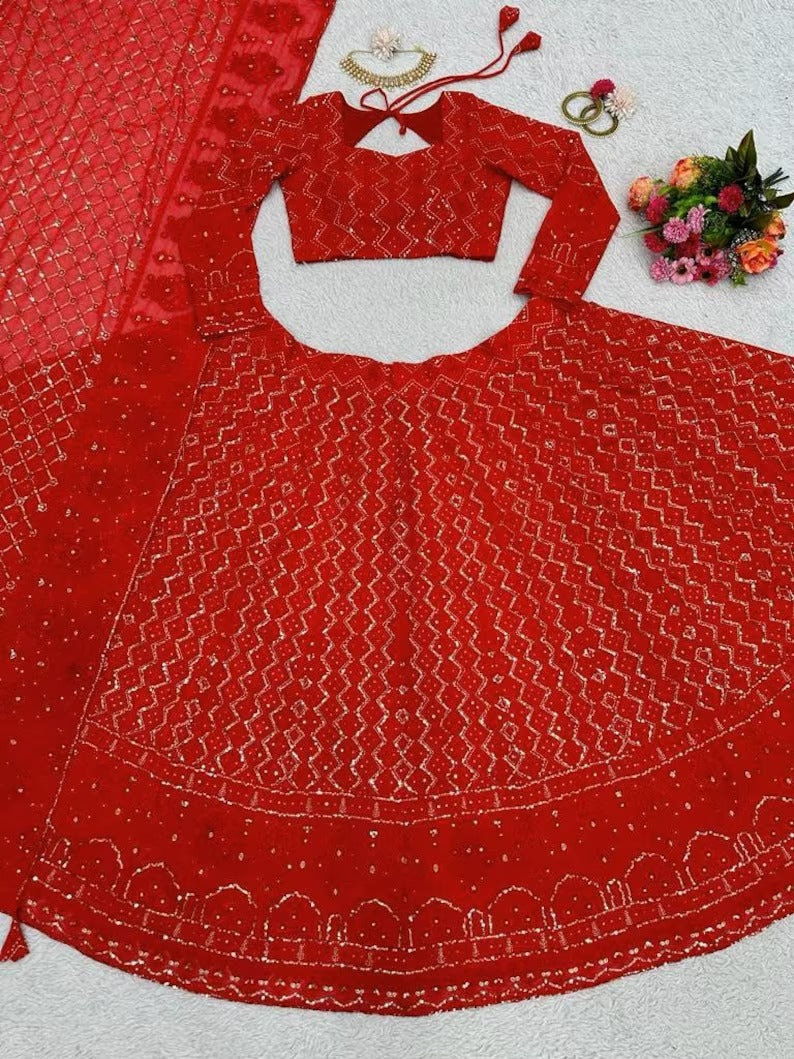 Bollywood inspired zigzaz style red embroidered lehenga and choli with dupatta for wedding function,bridesmaid outfit ,red lehenga choli set