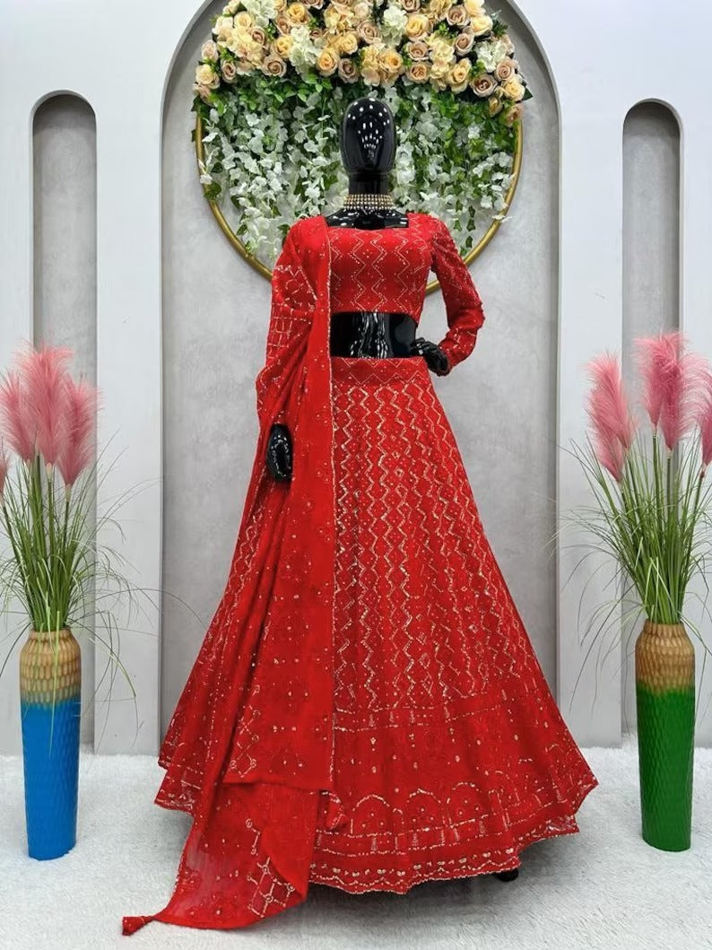 Bollywood inspired zigzaz style red embroidered lehenga and choli with dupatta for wedding function,bridesmaid outfit ,red lehenga choli set