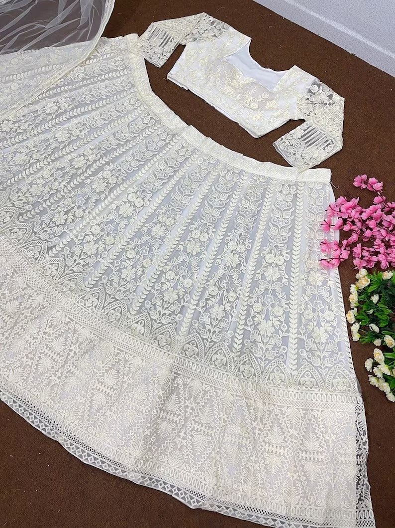 White Sequin Lehenga Choli For Women USA, Wedding, Reception, Function Wear Soft Net Embroidery Fabric With CanCan, Designer Readymade Dress