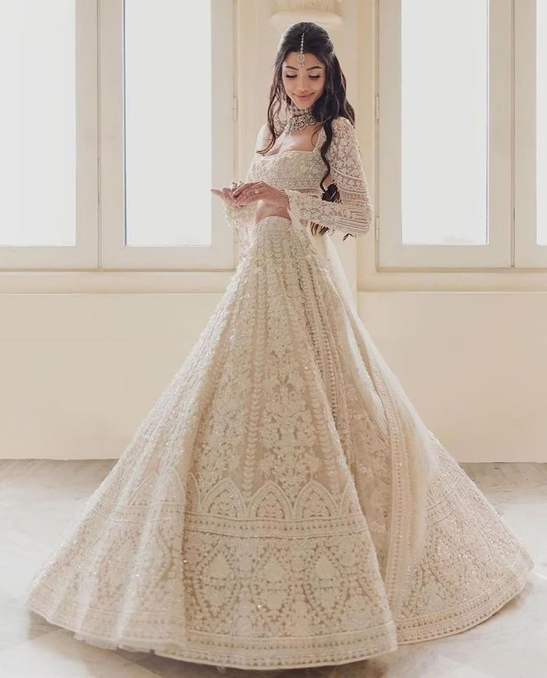 White Sequin Lehenga Choli For Women USA, Wedding, Reception, Function Wear Soft Net Embroidery Fabric With CanCan, Designer Readymade Dress