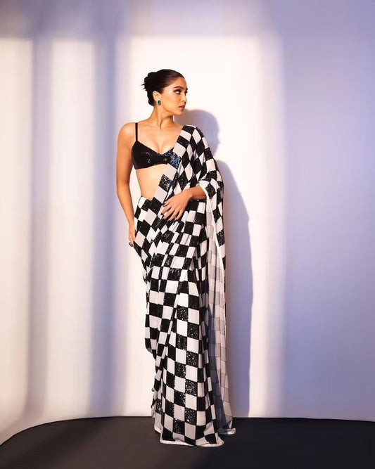 Celebrity wear black and white soft Georgette saree for women, wedding saree for reception, sequin saree blouse, Bollywood saree for party