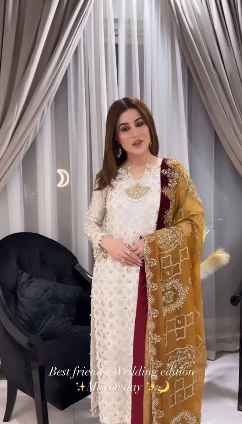 Wedding Special Classy off White Pakistani Kurta pant Set & Dupatta, Heavy Embroidered Work Readymade Suits for EID, Ramadan/Festive Wear