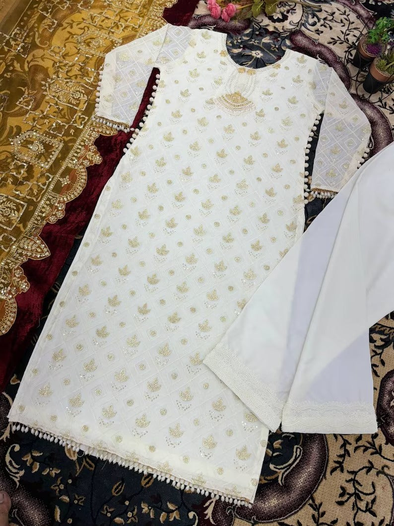 Wedding Special Classy off White Pakistani Kurta pant Set & Dupatta, Heavy Embroidered Work Readymade Suits for EID, Ramadan/Festive Wear