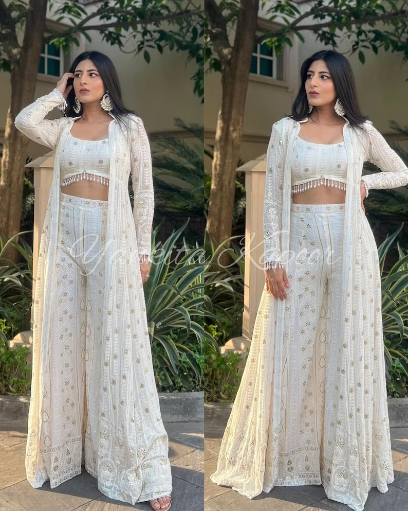 Bollywood Inspired White Lucknavi cape Crop top and palazzo, Embroidered 3 Pc Premium Shrug sharara set Pakistani Salwar kameez Readymade