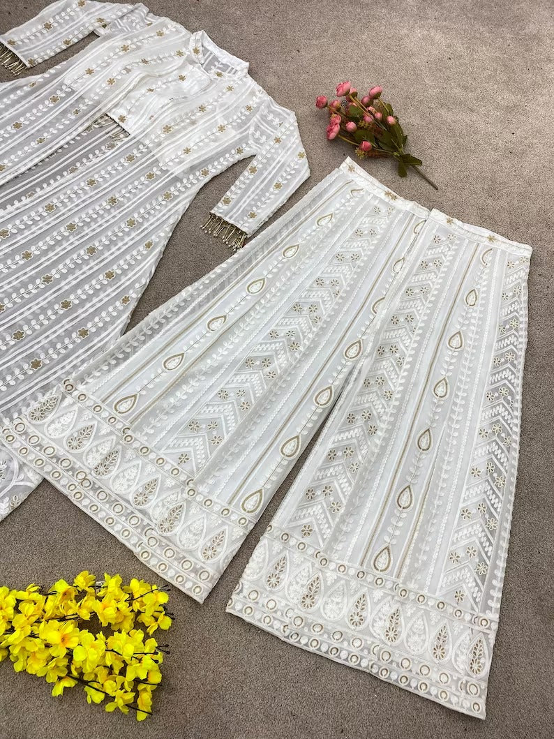 Bollywood Inspired White Lucknavi cape Crop top and palazzo, Embroidered 3 Pc Premium Shrug sharara set Pakistani Salwar kameez Readymade