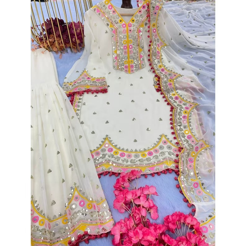 White Pakistani Sharara Multicolor 3 Peice Set, Heavy Embroidery Premium Stitched Indian Ethnic Wear For Women USA, Top + Gharara & Dupatta