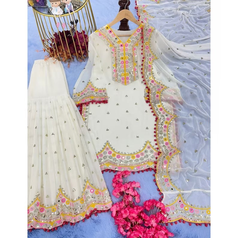 White Pakistani Sharara Multicolor 3 Peice Set, Heavy Embroidery Premium Stitched Indian Ethnic Wear For Women USA, Top + Gharara & Dupatta