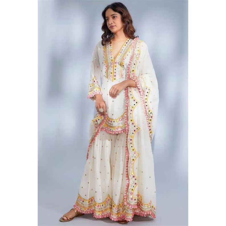 White Pakistani Sharara Multicolor 3 Peice Set, Heavy Embroidery Premium Stitched Indian Ethnic Wear For Women USA, Top + Gharara & Dupatta