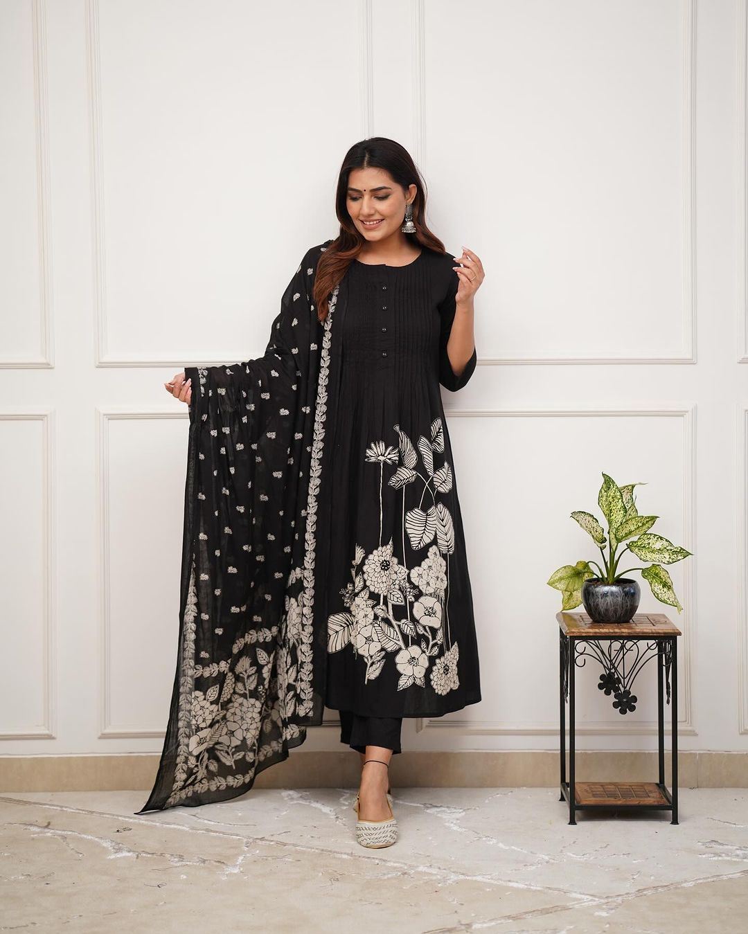 Kurta Set - Pure Cotton Black Embroidered Kurta with Sharara & Dupatta - Indian Dress - Salwar Kameez Dupatta top - Indian Wedding Dress