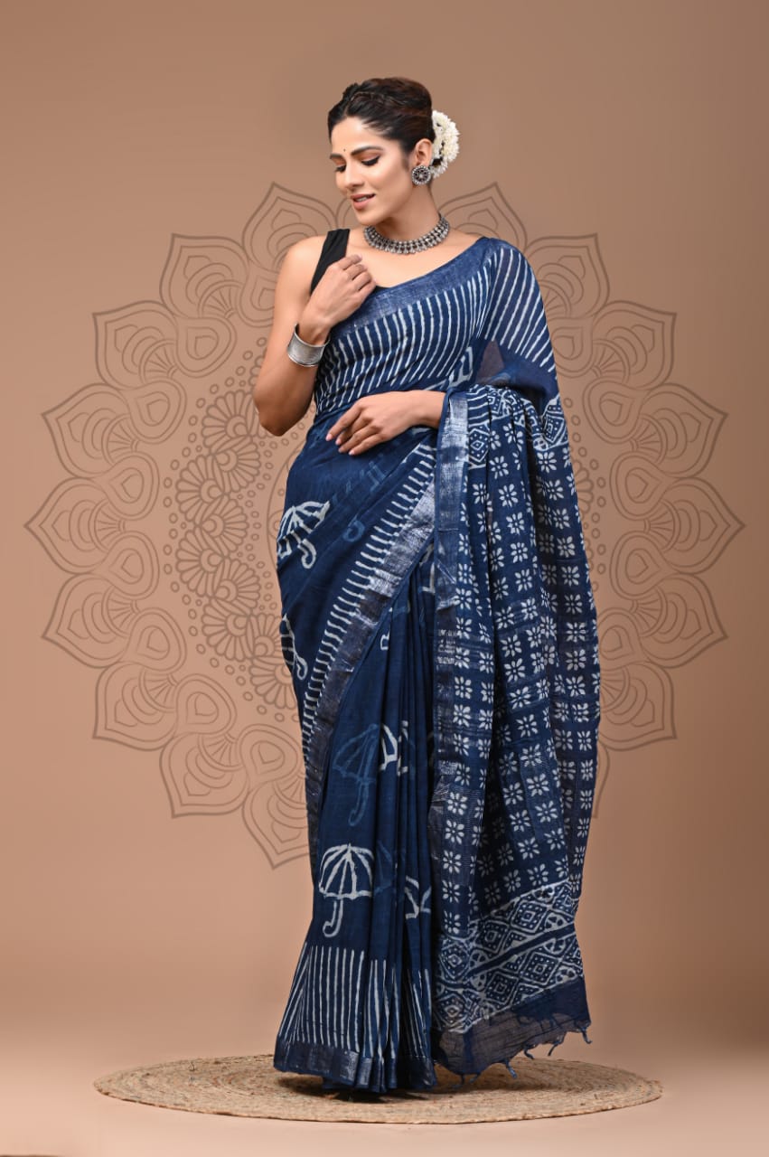 Beautiful Linen Cotton Saree wedding Saree party wear Saree with attached Unstitched blouse | Indian saree | Designer saree with blouse |