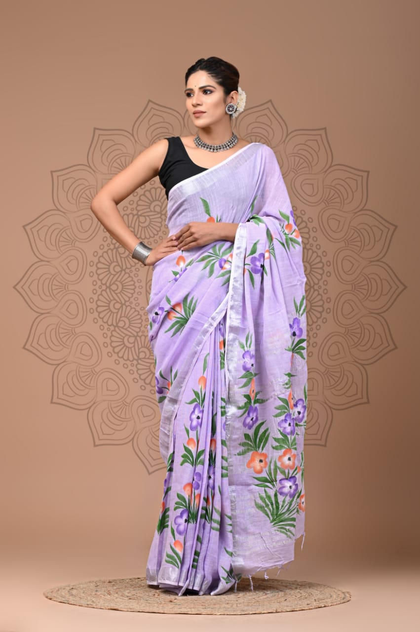 Beautiful Linen Cotton Saree wedding Saree party wear Saree with attached Unstitched blouse | Indian saree | Designer saree with blouse |