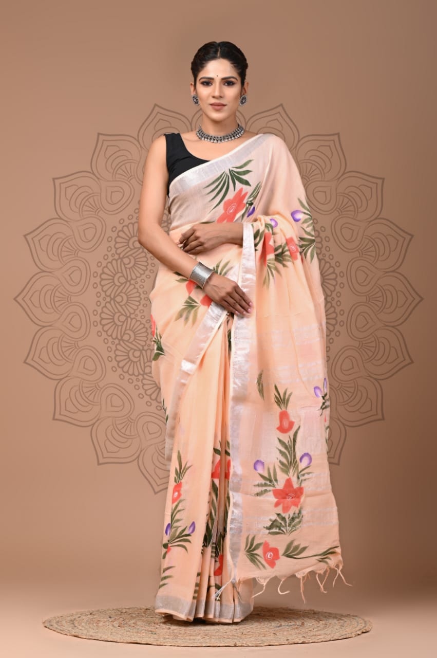 Beautiful Linen Cotton Saree wedding Saree party wear Saree with attached Unstitched blouse | Indian saree | Designer saree with blouse |