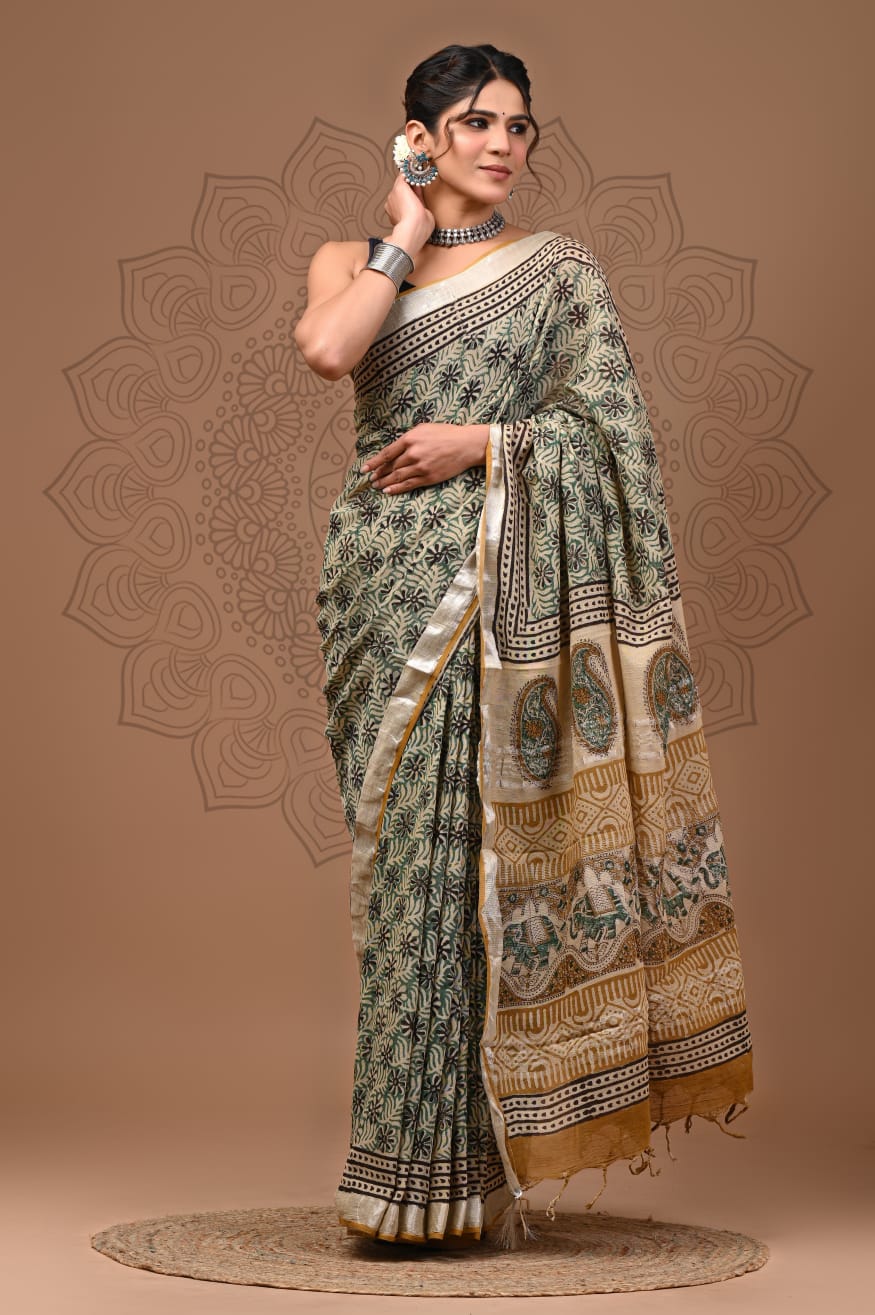 Beautiful Linen Cotton Saree wedding Saree party wear Saree with attached Unstitched blouse | Indian saree | Designer saree with blouse |