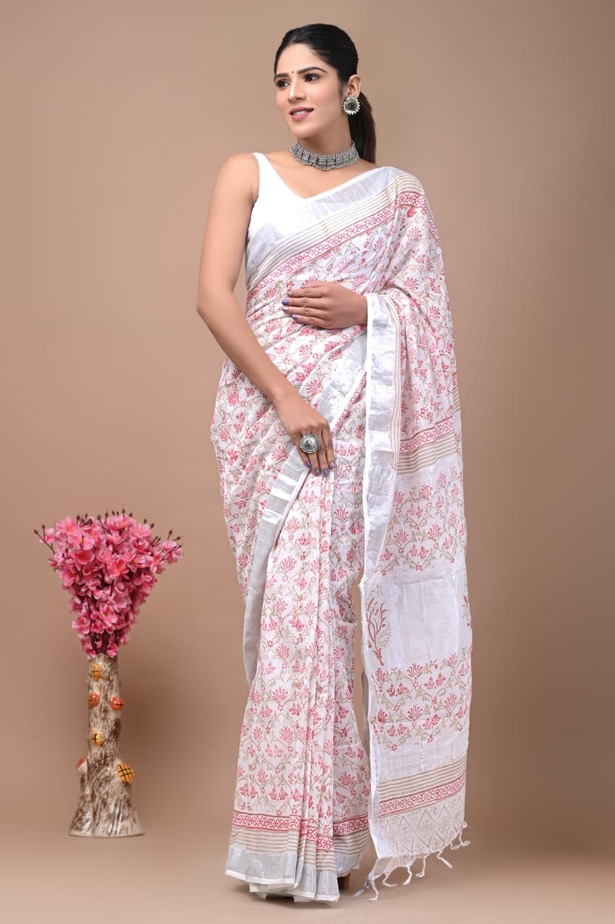 Beautiful Linen Cotton Saree wedding Saree party wear Saree with attached Unstitched blouse | Indian saree | Designer saree with blouse |