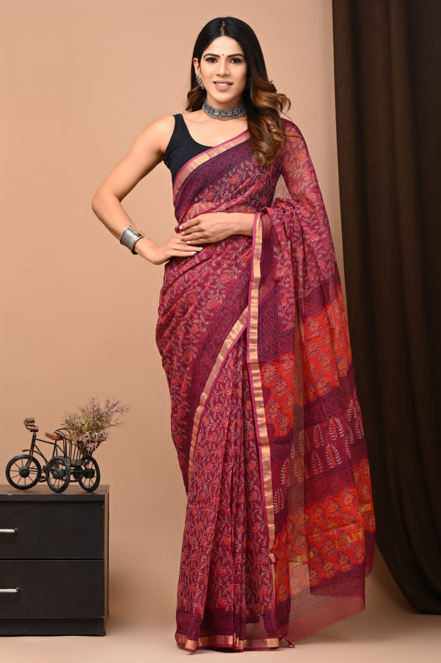 Indian Jaipuri Hand block Printed cotton Kota Doria Saree sarees With attached Unstitched / stitched Saree Blouse (Get a free Present )