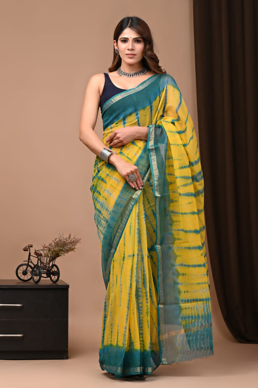 Indian Jaipuri Hand block Printed cotton Kota Doria Saree sarees With attached Unstitched / stitched Saree Blouse (Get a free Present )