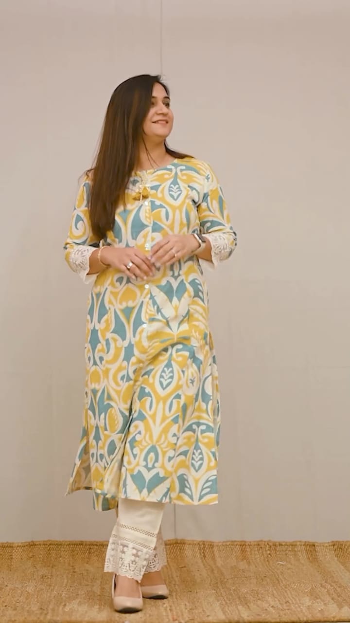 New in our reyon summer casual pant set prefect for daily and office wear . Aline kurta with lace detailing on sleeves and beautiful matching lace detailed pant