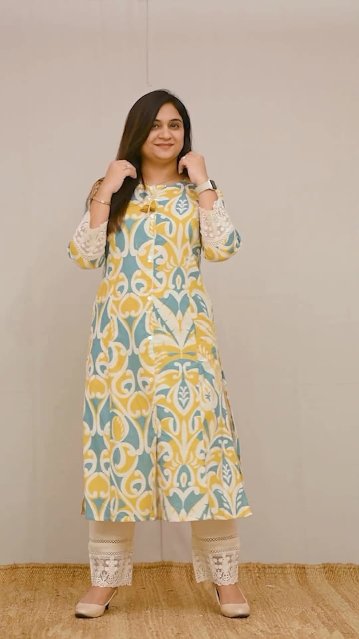 New in our reyon summer casual pant set prefect for daily and office wear . Aline kurta with lace detailing on sleeves and beautiful matching lace detailed pant