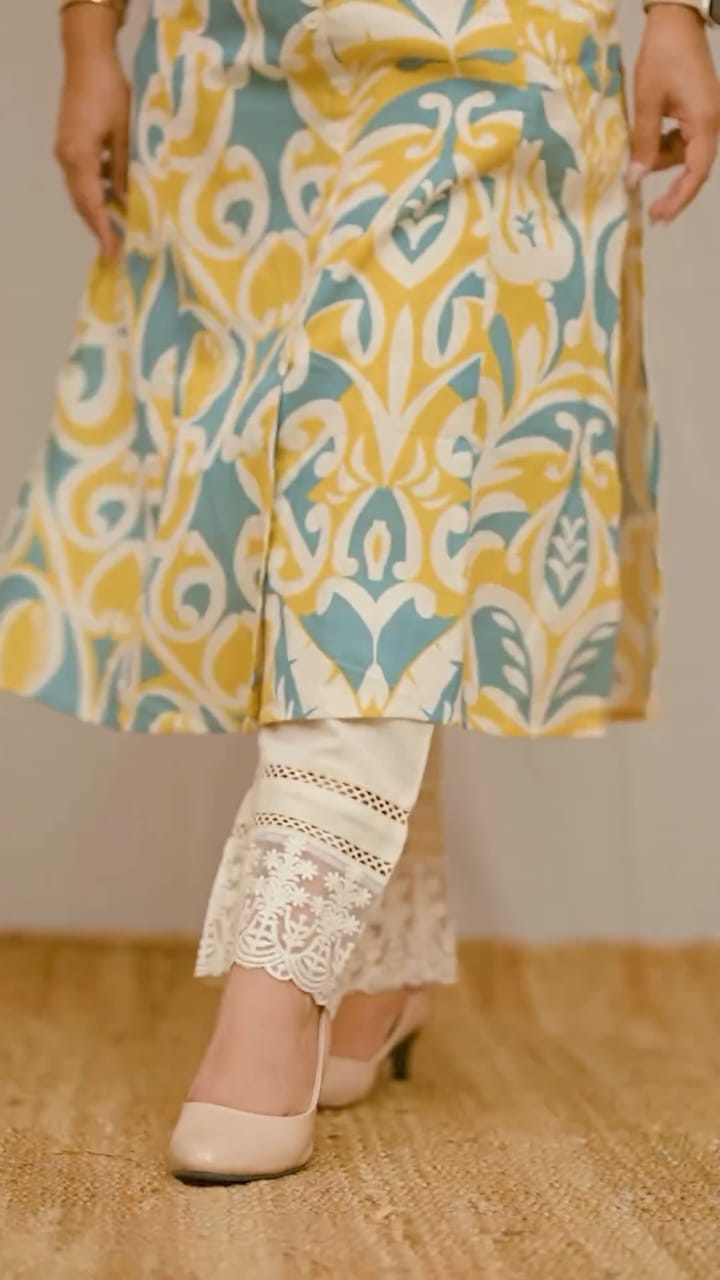 New in our reyon summer casual pant set prefect for daily and office wear . Aline kurta with lace detailing on sleeves and beautiful matching lace detailed pant