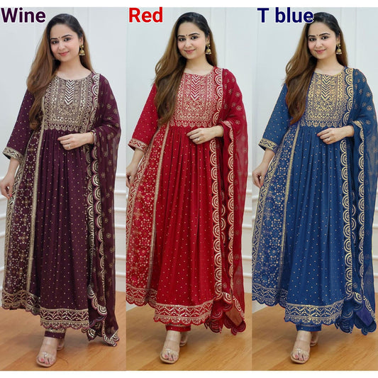 Traditional Wear Women Dresses, Heavy rayon full embroidered work Naira cut kurta with pant and dupatta set, party wear dress, suits dress