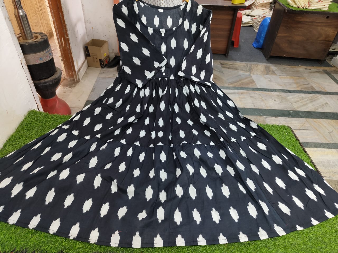 ikkat print Printed Dress | Summer Midi Dress | Cotton Floral Dress | White & Blue Dress| Handmade in India | Dress with pockets,belt