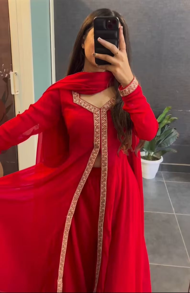 Premium Chanderi Nayra Cut Red Anarkali Gown With Palazzo & Dupatta Set, Beautiful Designer Cotton Anarkali Suit fully stitched for Women