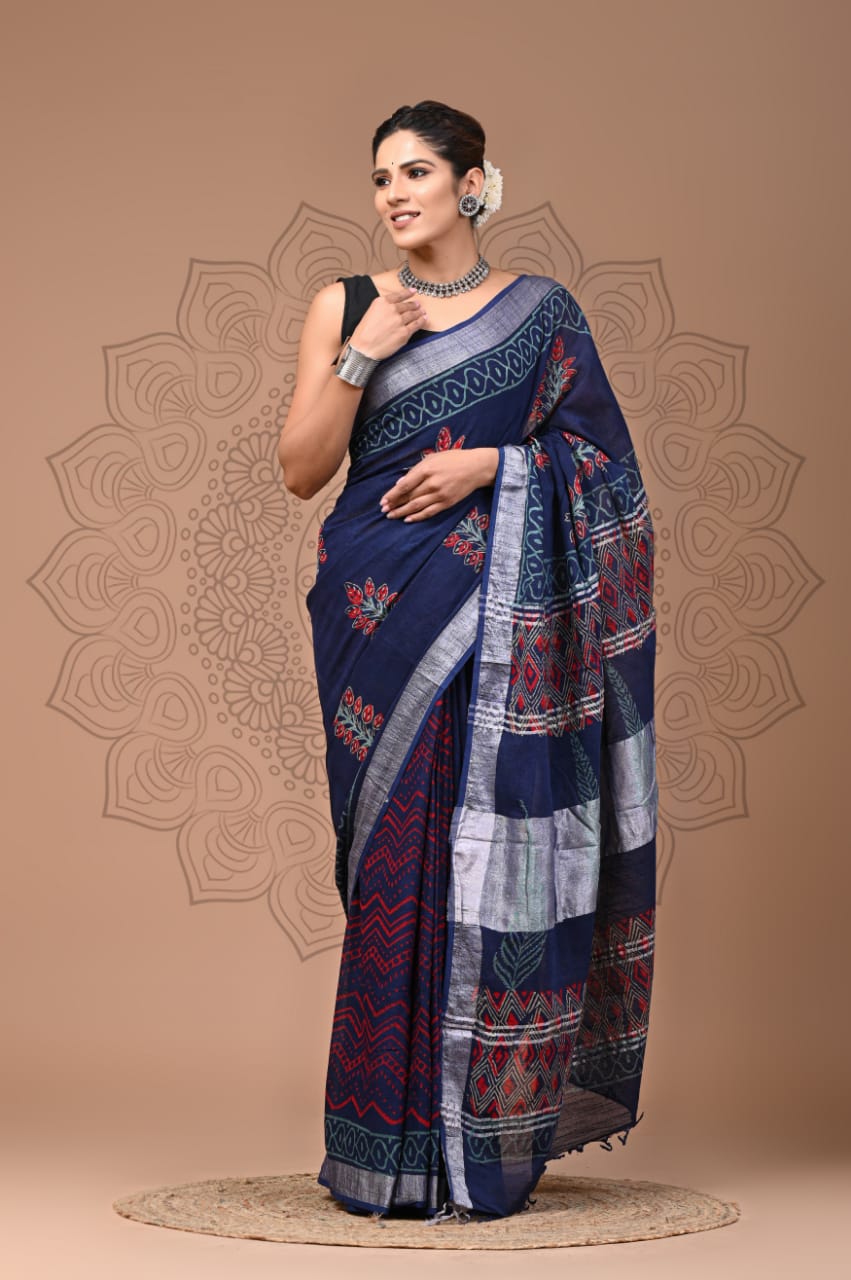 Beautiful Linen Cotton Saree wedding Saree party wear Saree with attached Unstitched blouse | Indian saree | Designer saree with blouse |