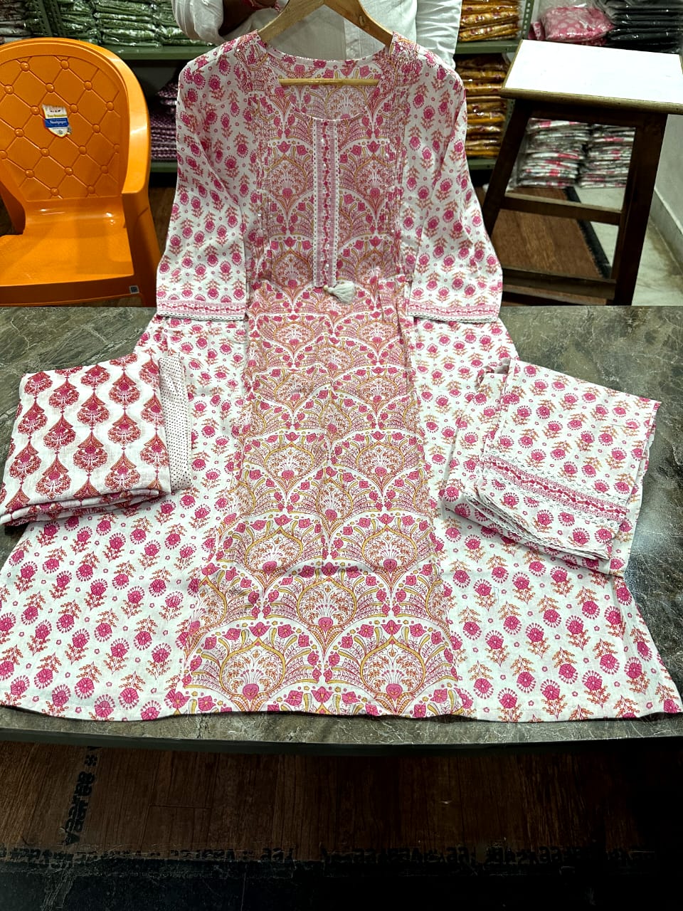 Readymade Stitched 3 Pcs Kurti Set Cotton silk kurti set with cotton silk bottom and Print silk dupatta READYMADE SALWAR SUIT