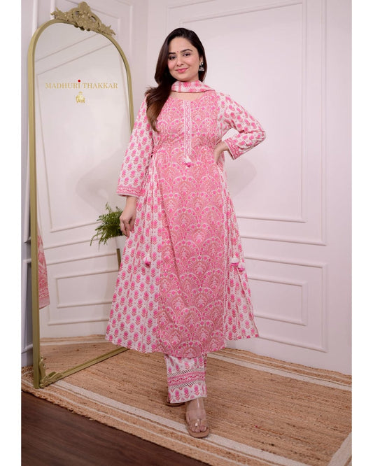 Readymade Stitched 3 Pcs Kurti Set Cotton silk kurti set with cotton silk bottom and Print silk dupatta READYMADE SALWAR SUIT