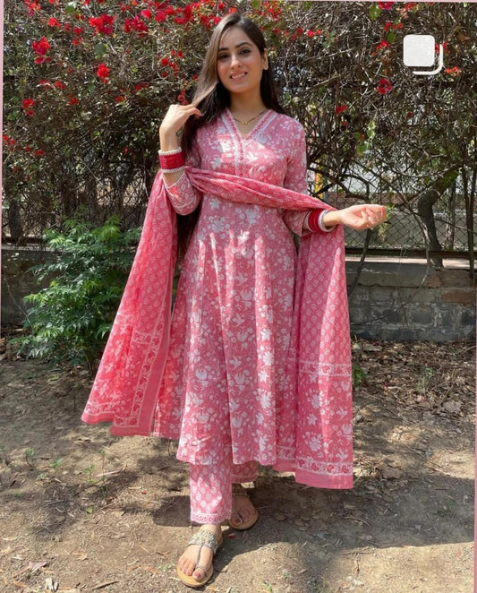 Anarkali Kurta Set-Hand block Pure Cotton-Light Sequins-V-Neck-Pink-White-Ethnic Indian summer dress-Festive-Casual-occasional-Sustainable