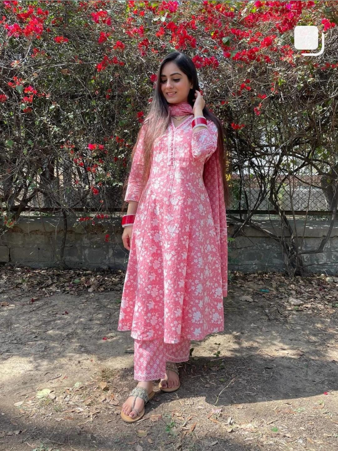 Anarkali Kurta Set-Hand block Pure Cotton-Light Sequins-V-Neck-Pink-White-Ethnic Indian summer dress-Festive-Casual-occasional-Sustainable