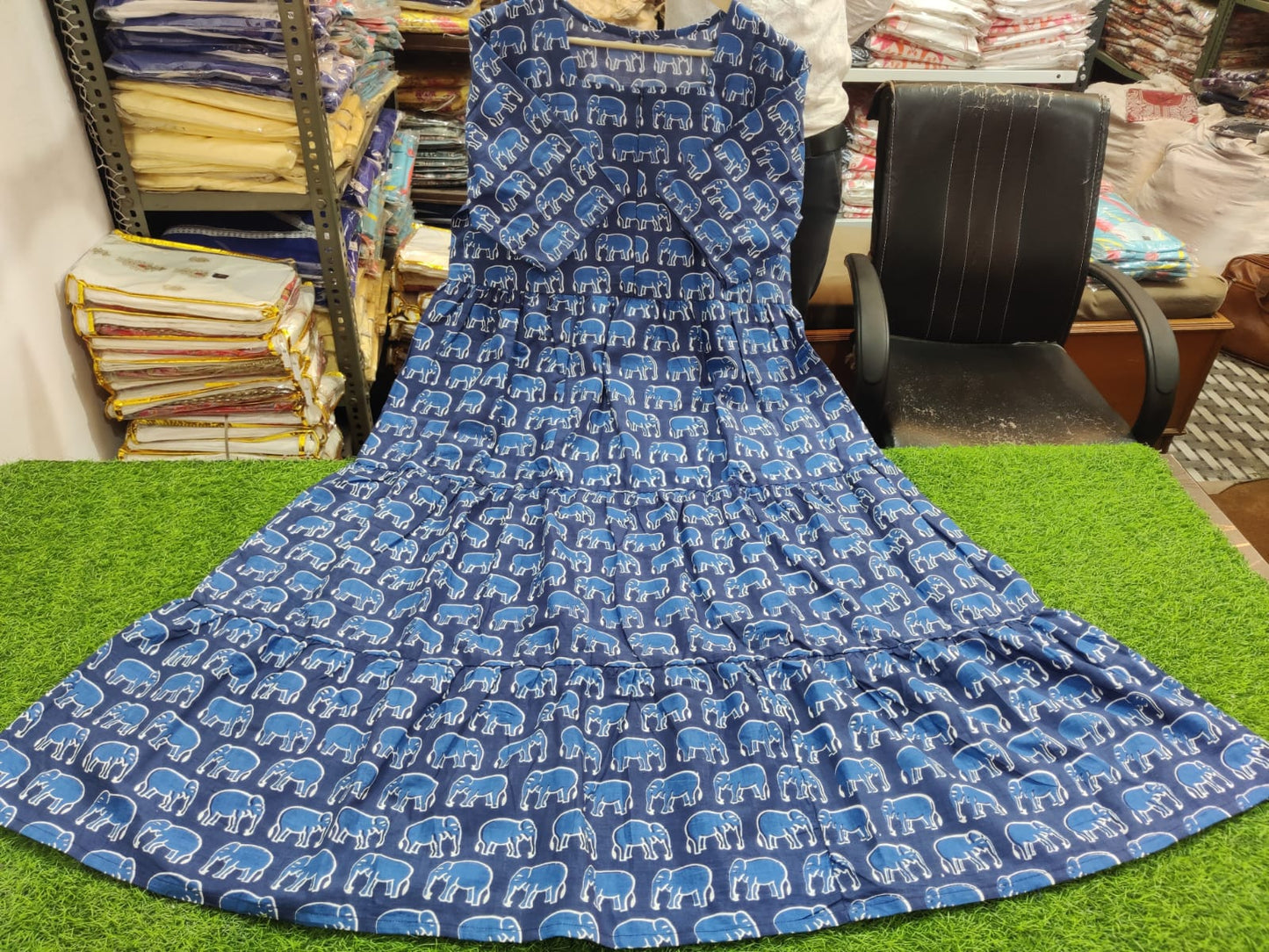 BLUE Beautiful ikkat print Cotton Full Flair Middy Gown