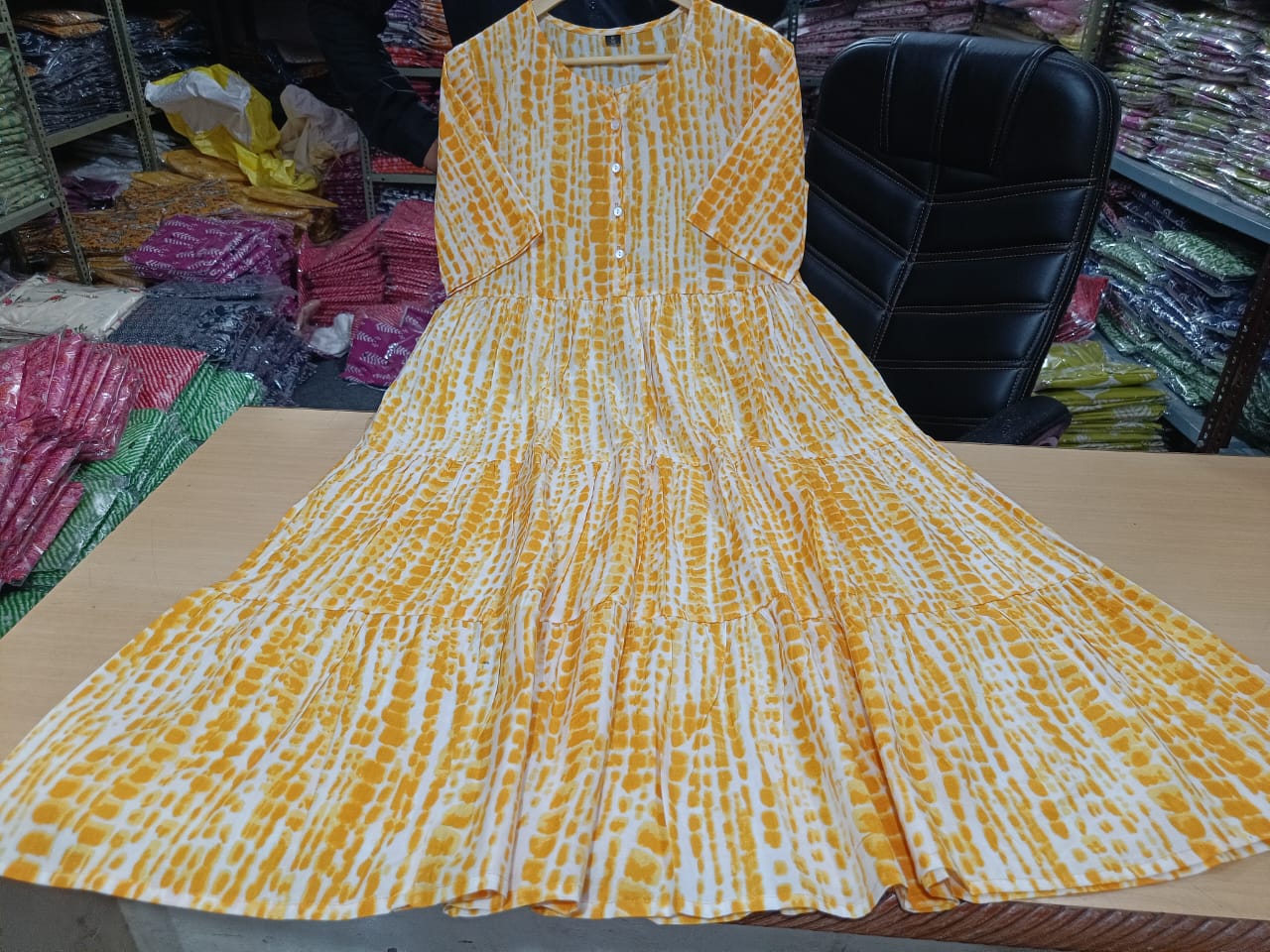 Yellow Beautiful ikkat print Cotton Full Flair Middy Gown