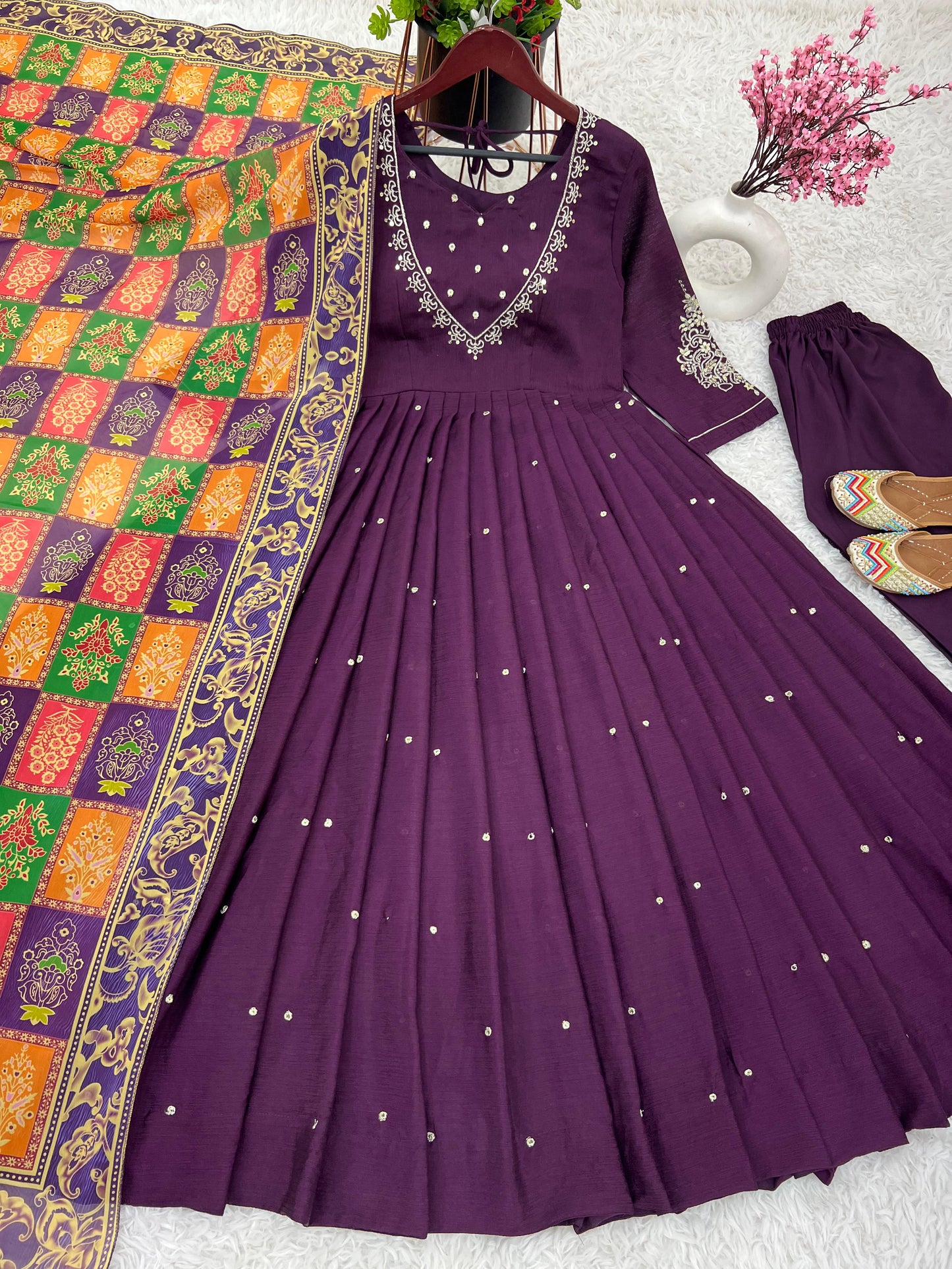 Pure Chinnon With Embroidery Sequence Work Gown And Dupatta Set Fully Stitched Ready To Wear