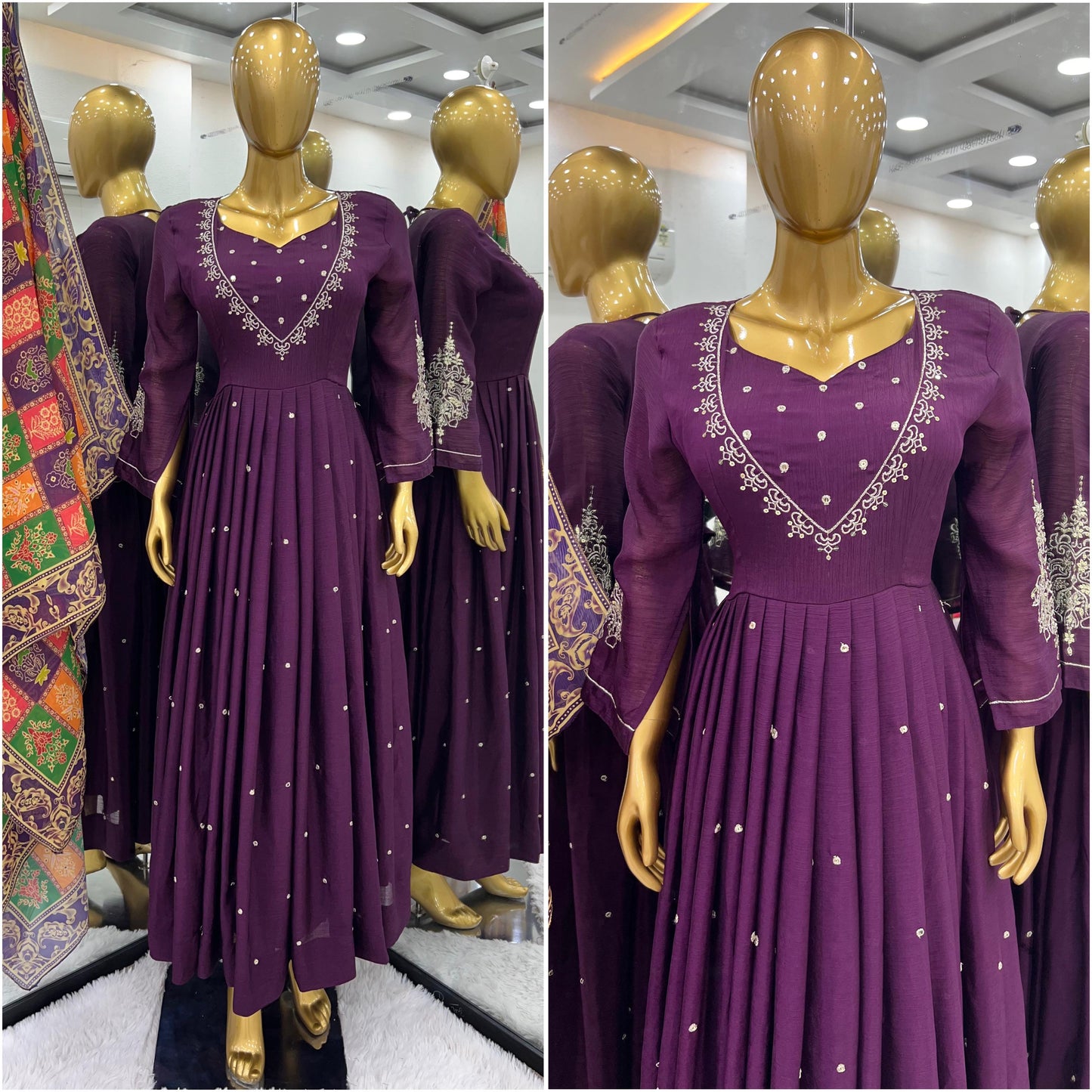 Pure Chinnon With Embroidery Sequence Work Gown And Dupatta Set Fully Stitched Ready To Wear