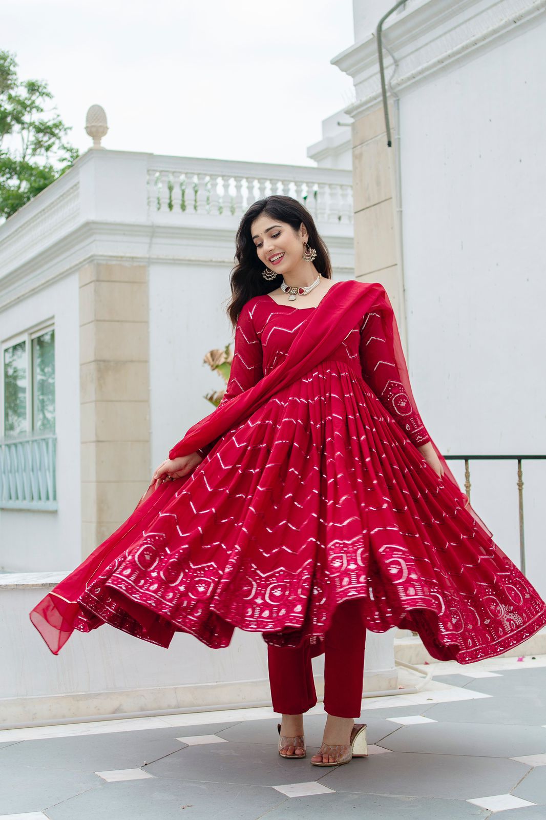 Thread-Sequins Embroidery Comfortable Anarkali with Dupatta for women in the UK/ USA