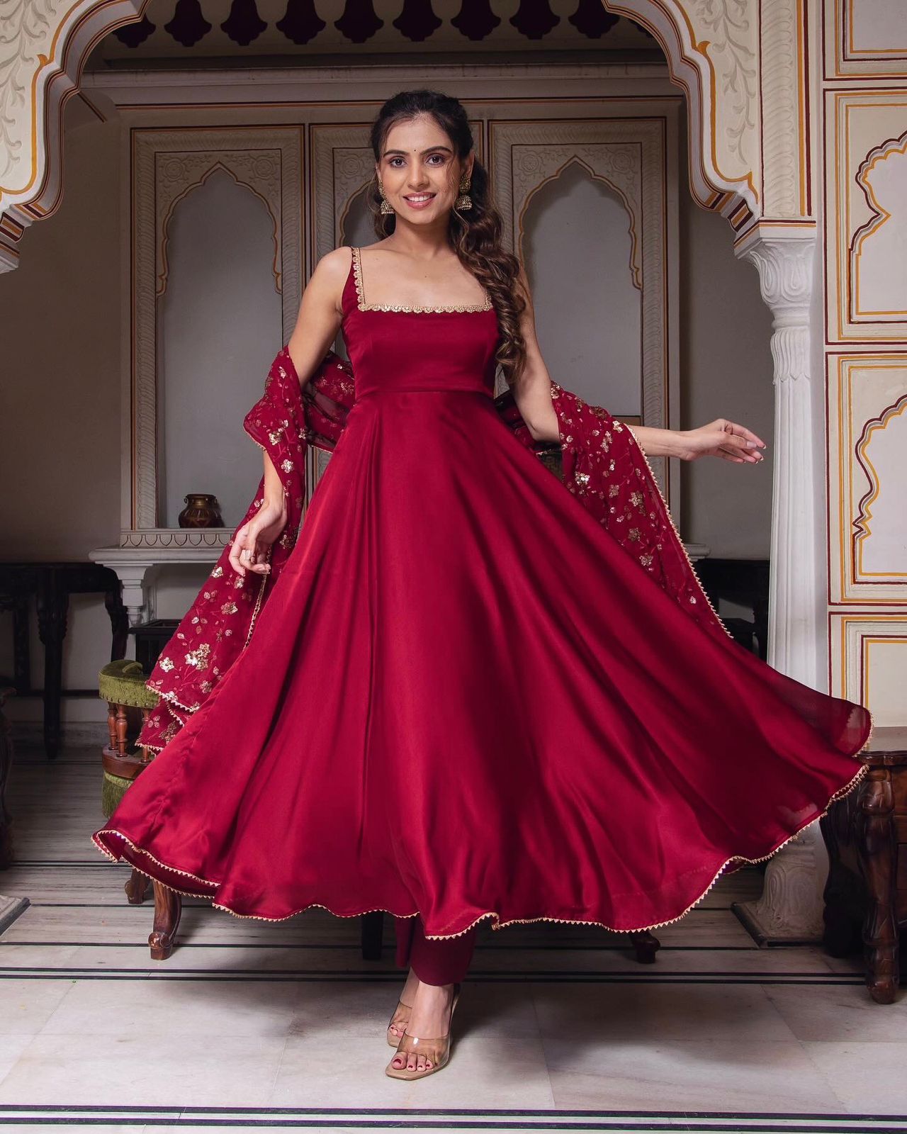 RED Georgette mbroidery Sequence Work With Fully Flair  Comfortable Anarkali with Dupatta for women in the UK/ USA