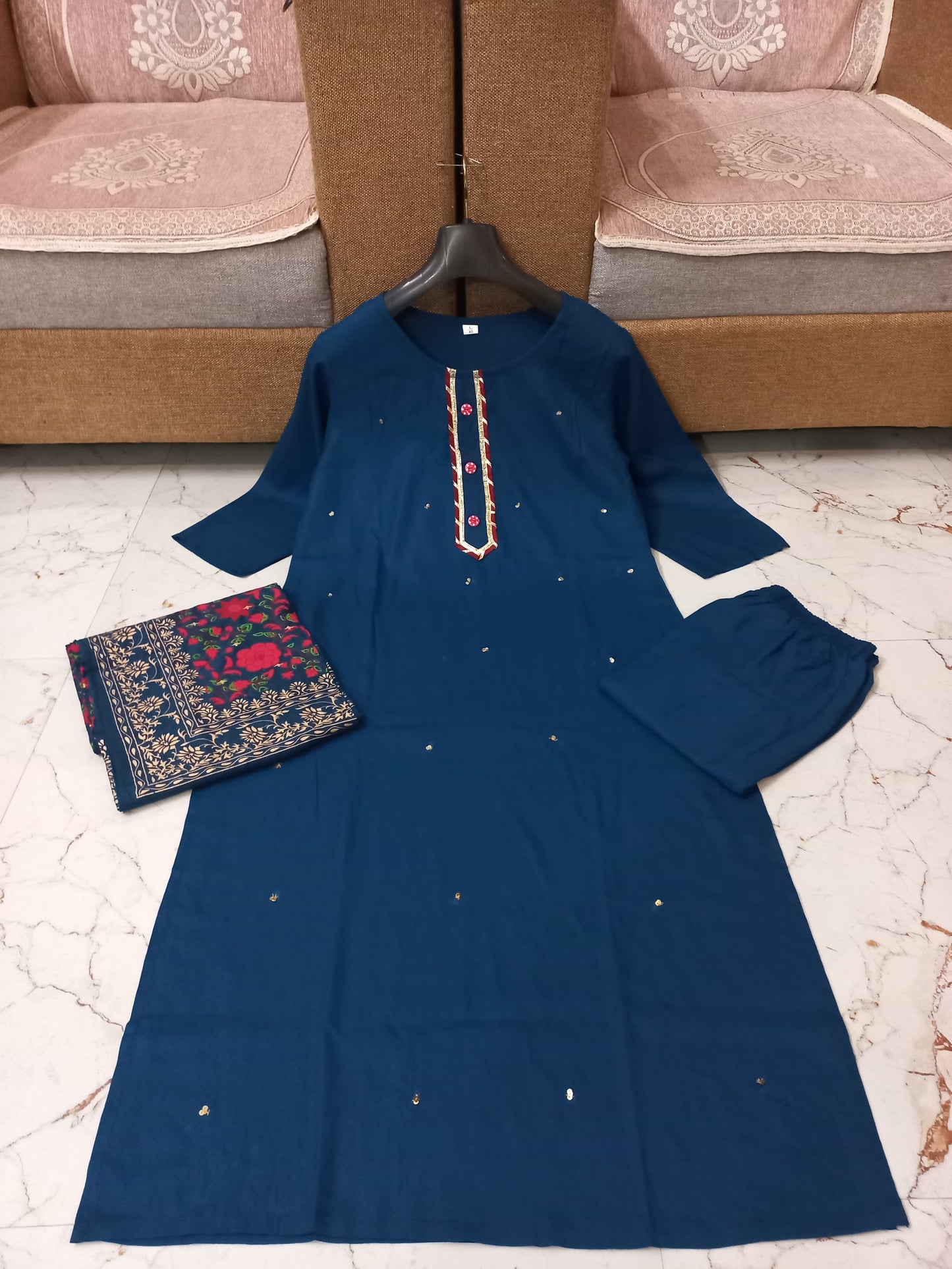 Reyon fabric kurti with pant and Dupatta and Work- Heavy Adda hand work all over kurti & lace work & batan work