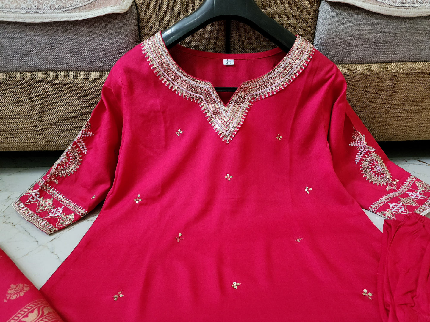 Work- Beautiful Heavy Sequence Embroidery & Heavy Adda hand work all over kurti salwar suit