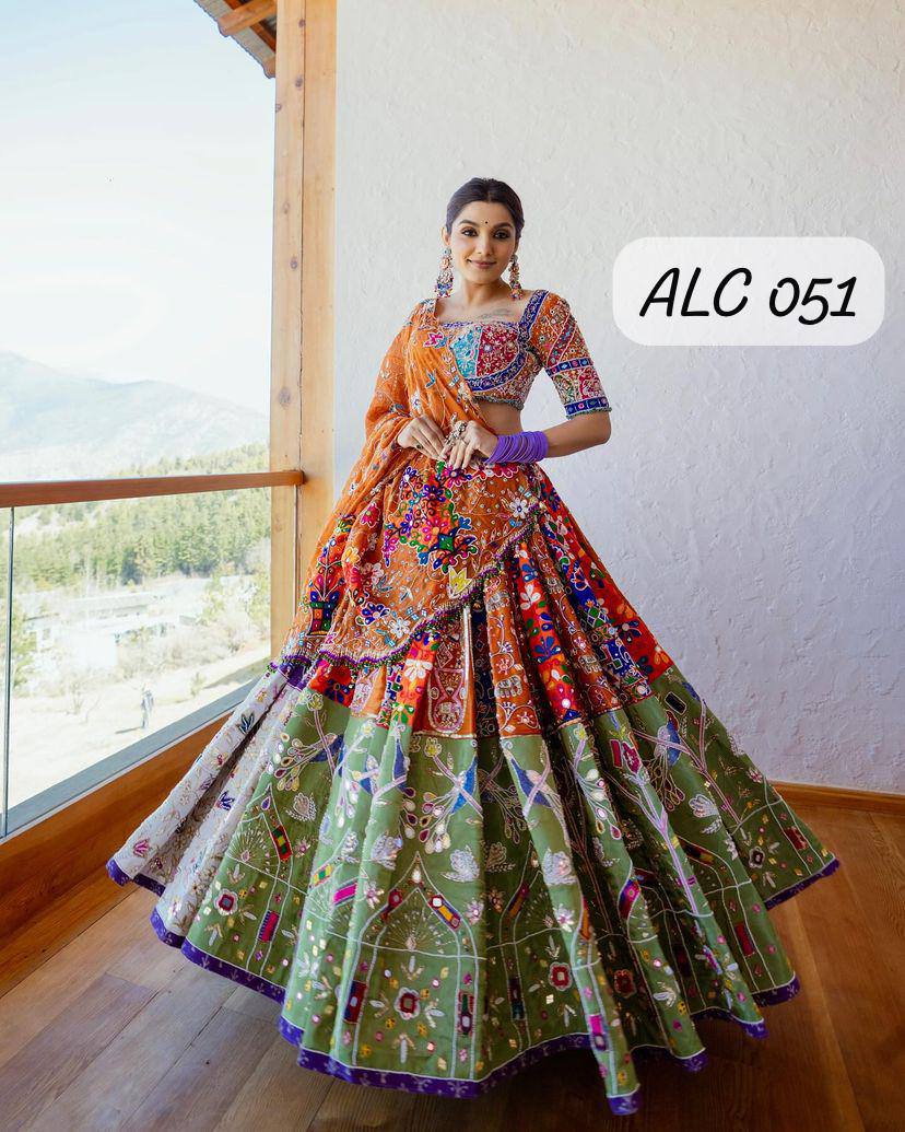 Buy This heavy muslin white lengha, adorned with vibrant and colorful traditional digital prints. Navratri Lengha ,Garba night Lengha Choli