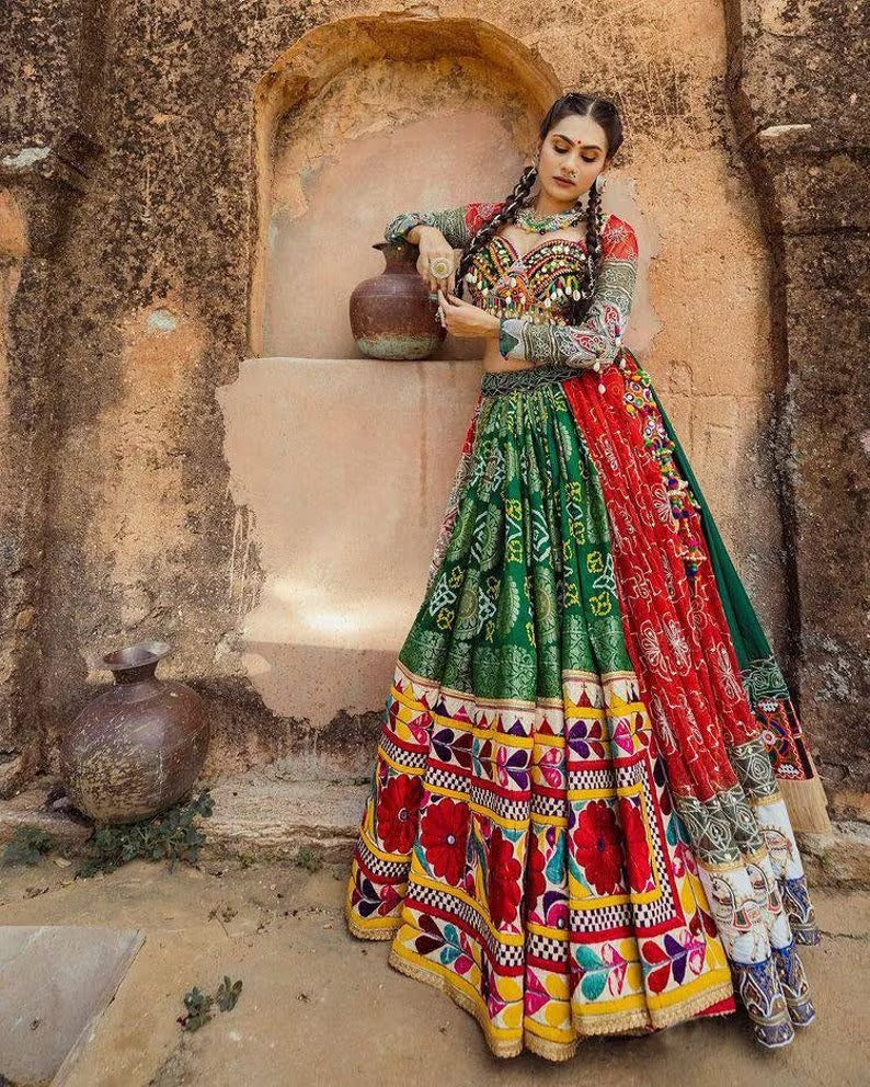 Navratri speical butter silk lehenga choli heavy printed chaniya choli real mirror work dandiya dress Navratri Pooja lehenga choli set.