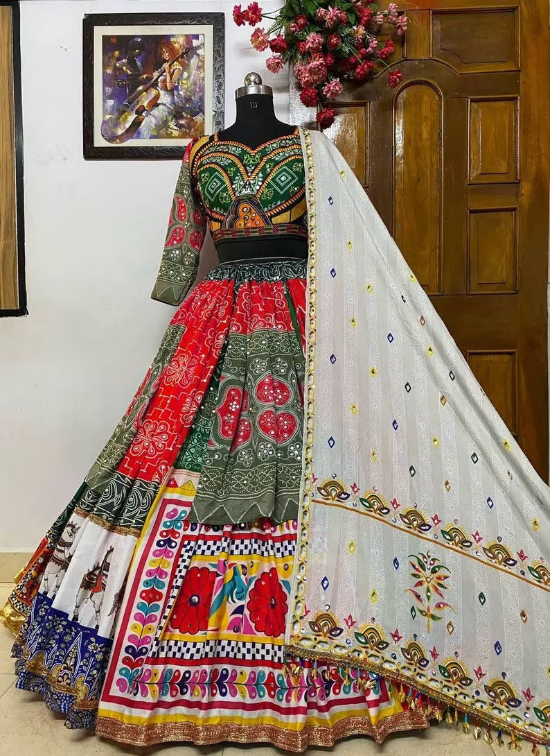 Navratri speical butter silk lehenga choli heavy printed chaniya choli real mirror work dandiya dress Navratri Pooja lehenga choli set.