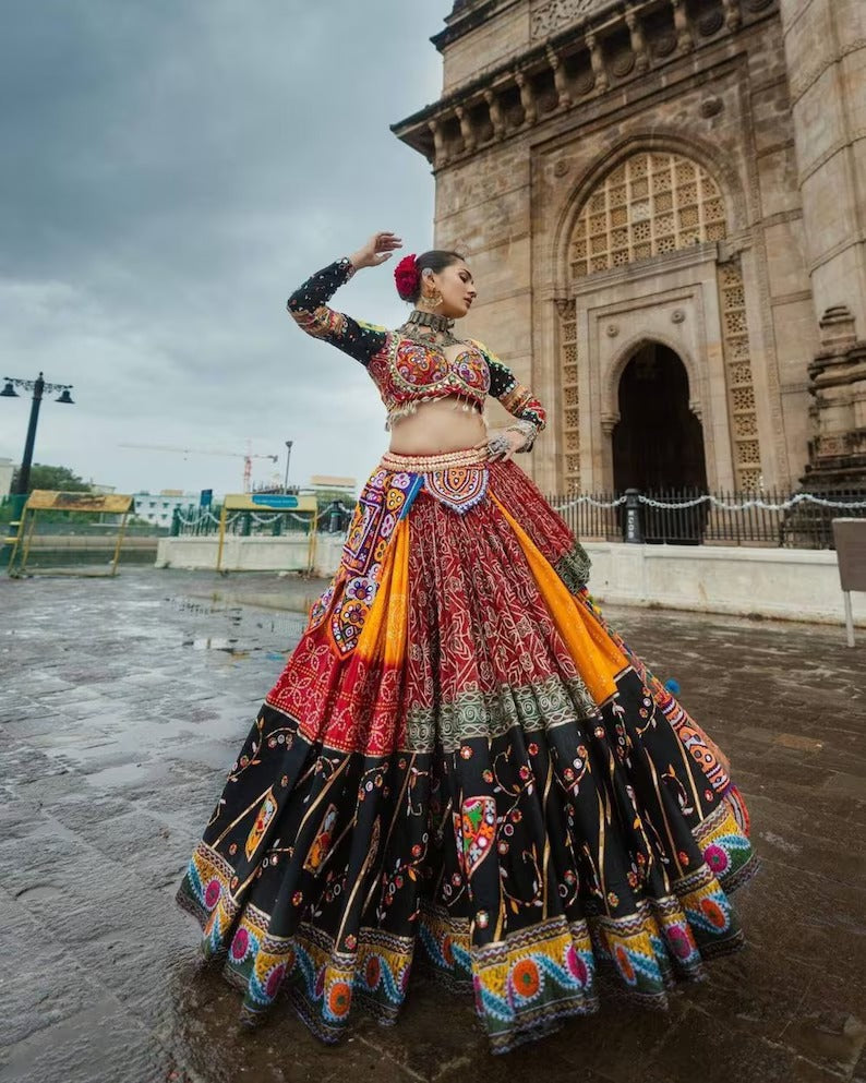 Navratri Special Silk Lehenga Choli With Glued Real Mirror Work And Printed Work For Navratri Garba Dance, God pooja, Navratri Festival